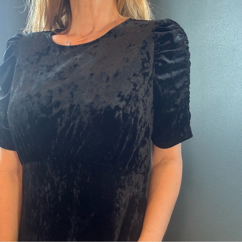 Black Velvet Ruched Sleeve Tiered Midi Dress size Large